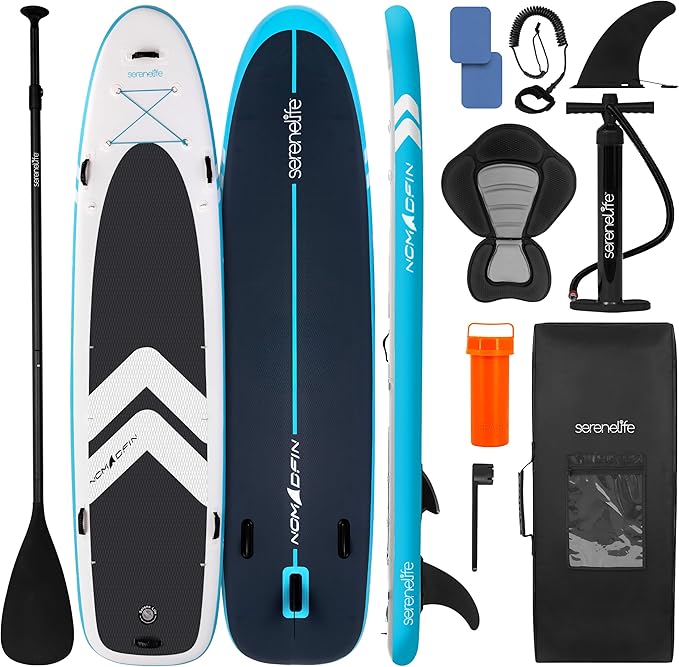 SereneLife 12’2” Inflatable Paddle Board - XL Family Stand Up Paddleboard with Seat for 2 Adults 1 Child - 34” Wide Stable Design with Non-Slip EVA Deck Pad, Premium SUP Accessories, 450 lbs Capacity