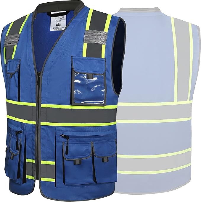 JKSafety 10 Pockets Hi-Vis Zipper Front Fluorescent Blue Safety Vest | Cushioned Collar | High Reflective Tapes with Extended Neon Yellow Strips | Meets ANSI/ISEA Standards (XX-Large, 89-Blue)
