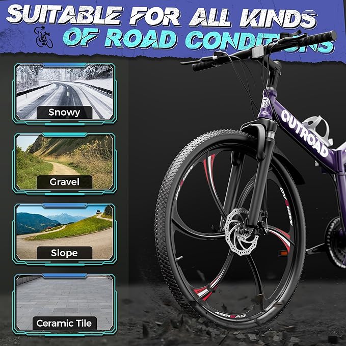 Betterland 26 Inch Folding Mountain Bike, 21 Speeds Full Suspension Foldable Bikes, Dual Disc Brake, High Carbon Steel Frame and Non-Slip Quick Release tire Bicycle for Adult
