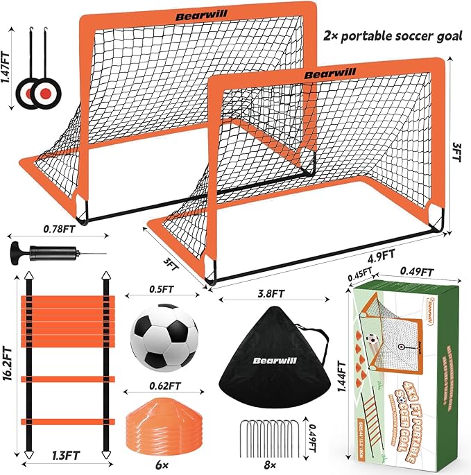 Soccer Goal, Kids Soccer Goals for Backyard Set of 2, 4x3ft Portable Soccer Goal Pop Up Soccer Net, Kids Soccer Net Training Equipment with Soccer Ball, Ladder, Cones, Targets