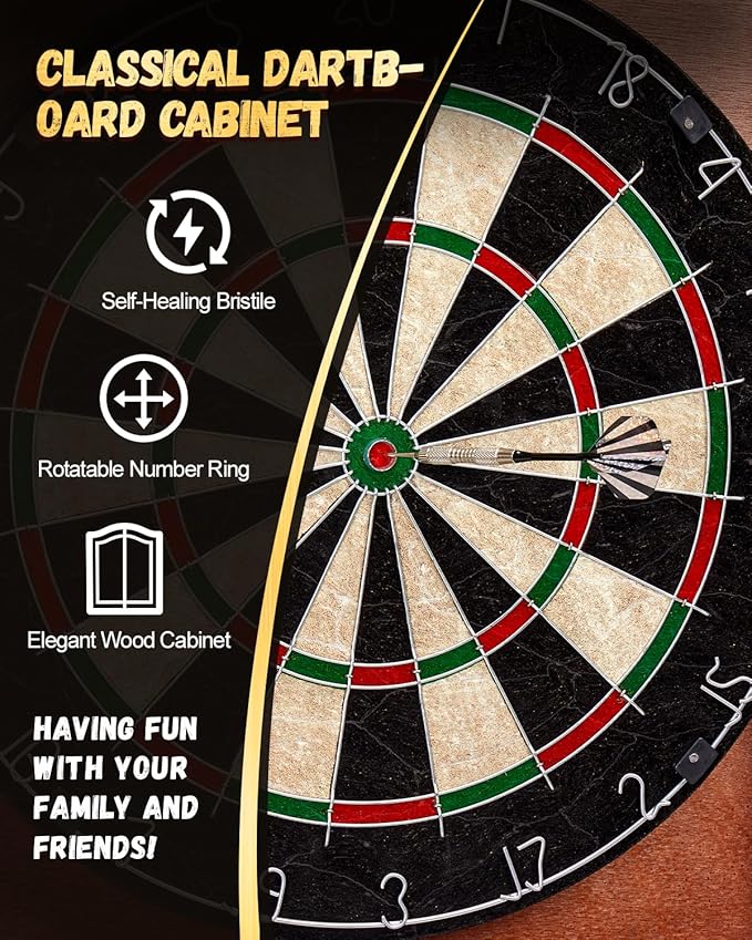 Sisal Dart Board Cabinet Sets, Decorative Dart Boards for Adults [12*Steel Darts] - Wooden Dartboard Cabinet with Integrated Scoreboard for Family Game Rooms