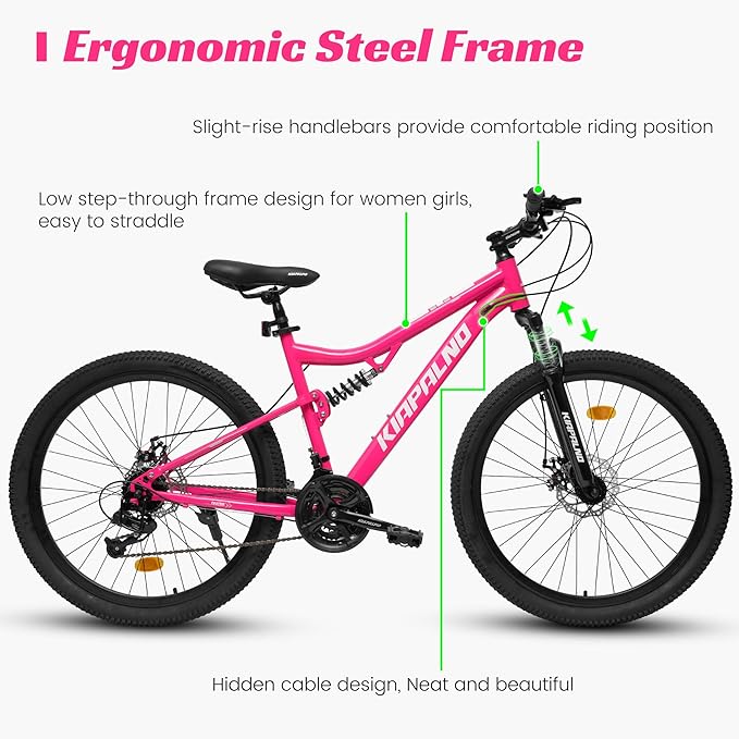 24/26/27.5 Inch Mountain Bike, Dual Full Suspension 21 Speed Womens Mens Mountain Bikes, Commuter Bike with Carbon Steel Frame and Dual Disc Brakes