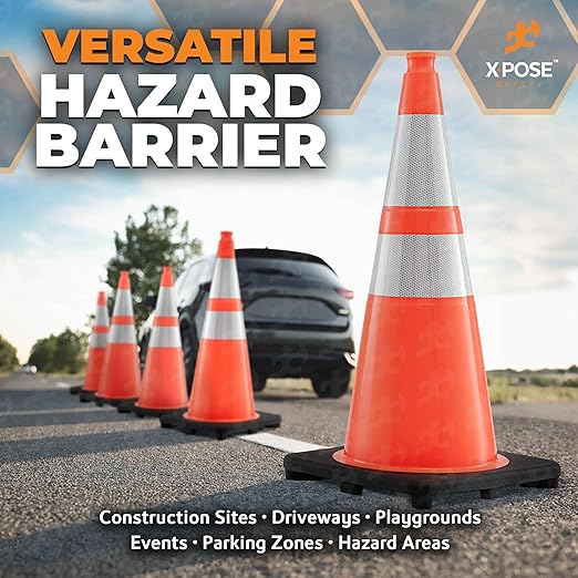 Xpose Safety 28 Inch Orange Traffic Cones with 6" & 4" Collar, 8-Pack - Multipurpose PVC Plastic Safety Cone for Parking, Soccer, Caution, Kids and Construction - DOT Approved
