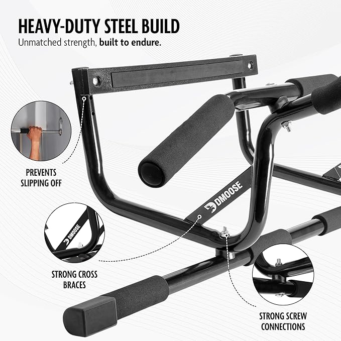 DMoose Fitness Pull Up Bar for Doorway - Upto 250 Lbs Capacity, No Screwing or Slipping, Hanging Pullup & Chin Up Bar for Door Frame - Multi Padded Grips for Strength Training with Installation Guide