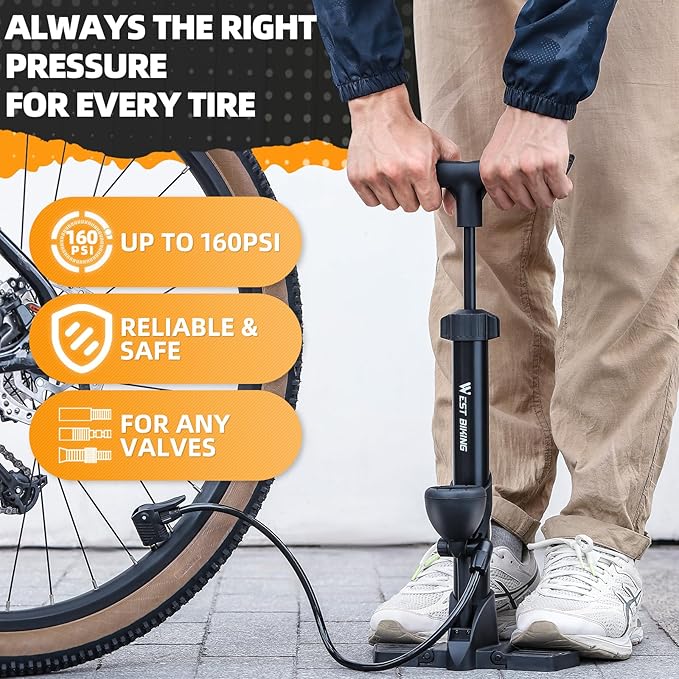 Bike Floor Pump, Bikes Pump with Gauge,Bicycle Air Pump with High Pressure 160 Psi, BikeTire Pump with Presta Schrader Valves，Portable Hand Pump Bike, Fits Road Bikes MTB E-Bike, Ball