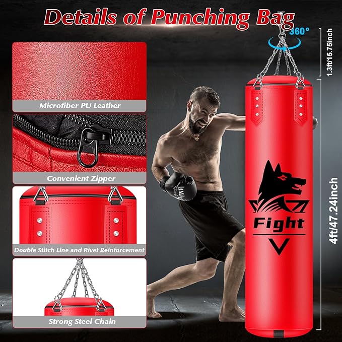 4FT Hanging Punching Bag for Adults, Super PU Leather Boxing Training Equipment Heavy Bag with 12OZ MMA Gloves, Unfilled Kicking Bag Boxing Set for Training Karate Kickboxing Muay Thai