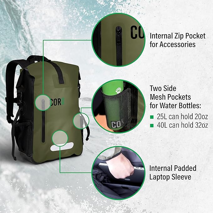 Waterproof Backpack with Laptop Sleeve | Heavy Duty Hiking, Kayak Dry Bag Backpack | Roll-Top Closure (25L Black)