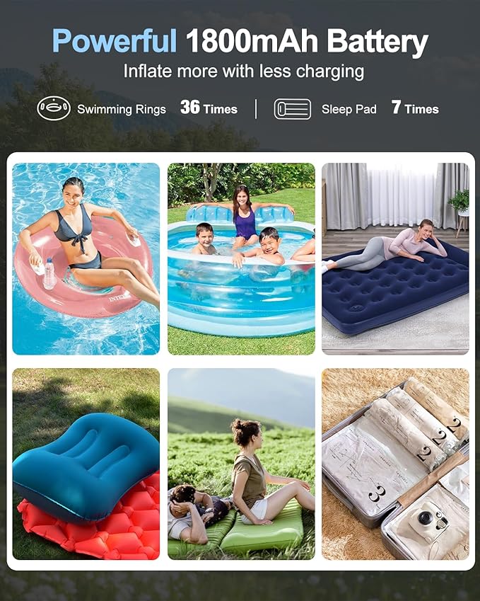 Portable Air Pump with Battery for Inflatables, 5 Nozzles, 350L/min Wind Speed & Camping Light – Quick Inflation & Deflation Mini Electric Air Pump for Air Mattresses, Air Bed, Swim Rings, Pool Floats