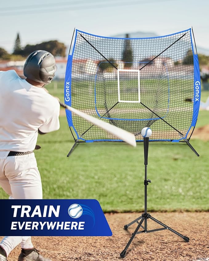 Gonex 7' x 7' Baseball Softball Practice Net Set with Batting Tee for Hitting and Pitching Batting, Practice Training Aid, with Strike Zone, Large Mouth, Bow Frame, Carrying Bag