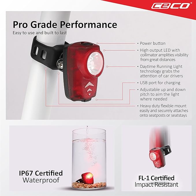 CECO-USA: 100 Lumen USB Rechargeable Bike Tail Light - Super Bright Model T100 Bicycle Rear Light - IP67 Waterproof, FL-1 Impact Resistant - Red Safety Light - Pro Grade Quality Bike Tail Light