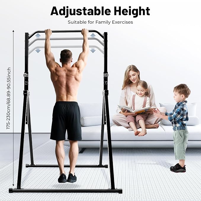 Pull Up Station, Foldable Power Tower Pull Up Bar Station, 5.74-7.55ft Height Adjustable Design, 200kg Load-bearing Capacity, Strength Training Fitness Equipment for Gyms