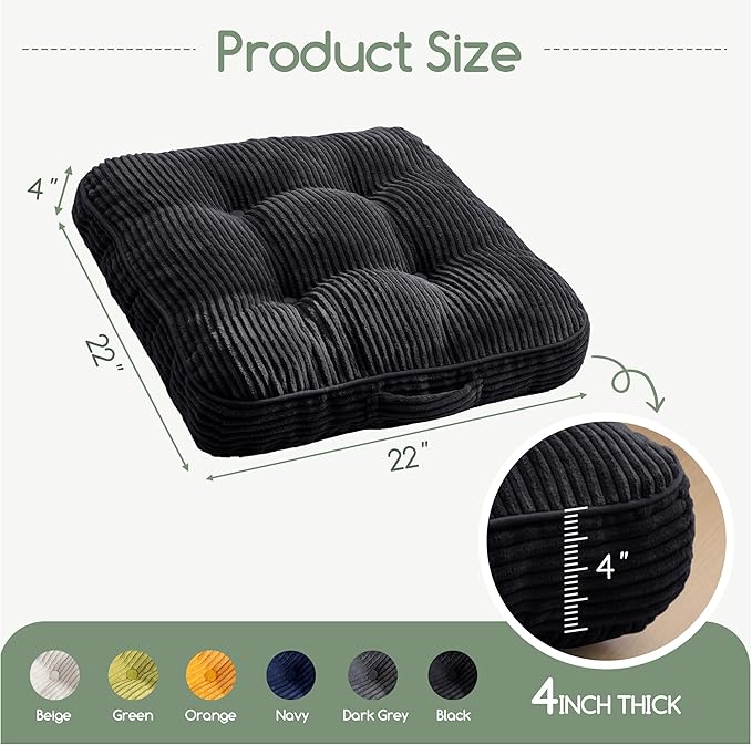 Washable Floor Pillow Cushion for Adults, Meditation Cushion Pillow, Large Square Floor Sitting, Removable Tufted Corduroy Cover, for Tatami Living Room or Yoga, 22x22 Inch, 2Pack, Machine Washable
