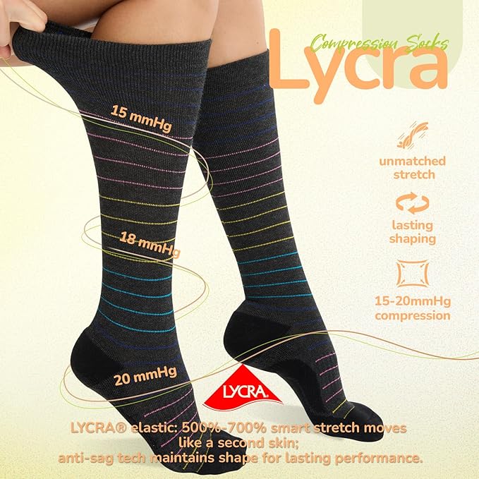 Merino Wool Compression Socks for Women Men, 15-20 mmHg, Soft & Breathable for Travel, Running, Pregnancy