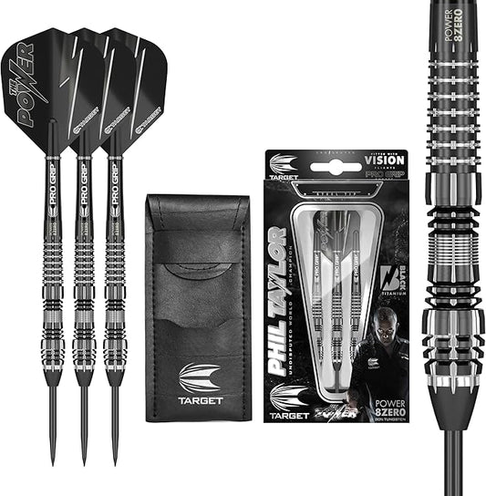 TARGET Darts Phil Taylor Power 8-Zero 4 Black Steel Tip Darts, 80% Tungsten Dart Set, P8Z4, 21G/23G/25G | Player Edition Darts with Swiss Point Tips or Fixed Points | Black Darts Case Included