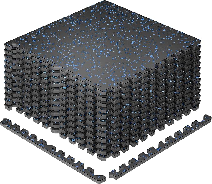 SUPERJARE 0.79'' Extra-Thick Exercise Equipment Mats, 12 Pcs 48 Sq Ft Rubber Top Floor Tiles with High Density EVA Foam, Interlocking Gym Flooring for Home Gym, Workout Mat, Black/Blue