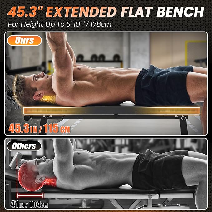 2 In 1 Adjustable Flat Weight Bench - Bonvork 45.3'' Extended Foldable Flat Bench for Home Gym,750LBS Sit Up Bench with 18'' Widened Base,Strength Training Workout Bench Press for Full Body Exercise