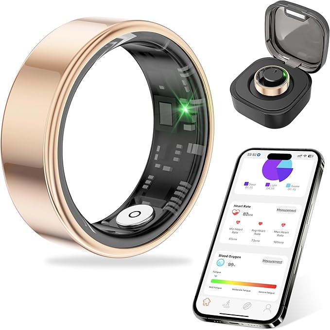 Thin Smart Ring for Fitness & Health Tracking -Pedometer,Sleep/Heart Rate/Blood Oxygen Monitor, Gesture Control / 5ATM Waterproof -No APP Subscription Compatible with Android& iOS (Rose Gold, 8)