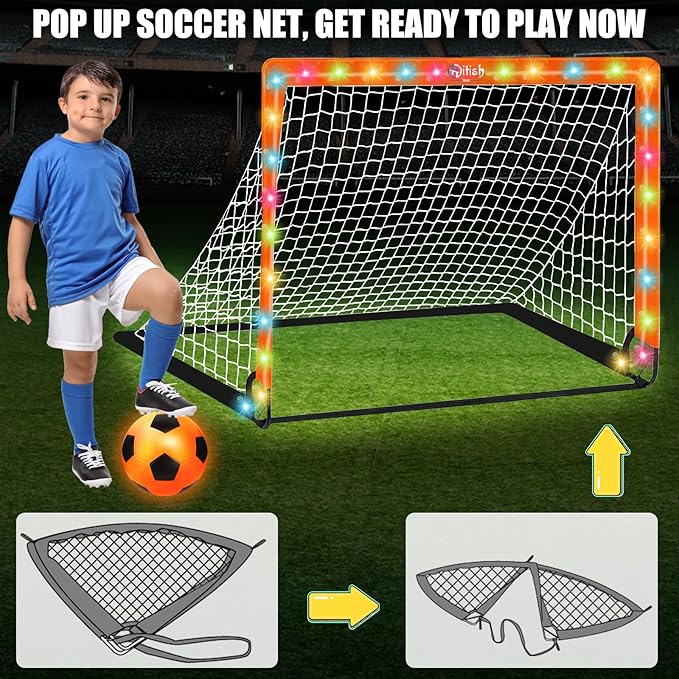 Kids Soccer Goals Set for Backyard - Portable Pop Up Light Soccer Net for Toddler Age 3-5 6-8 8-10 10-12 and Glow in The Dark Ball - Youth Target Soccer Games Sports Gift for Outdoor, 4 x3Ft