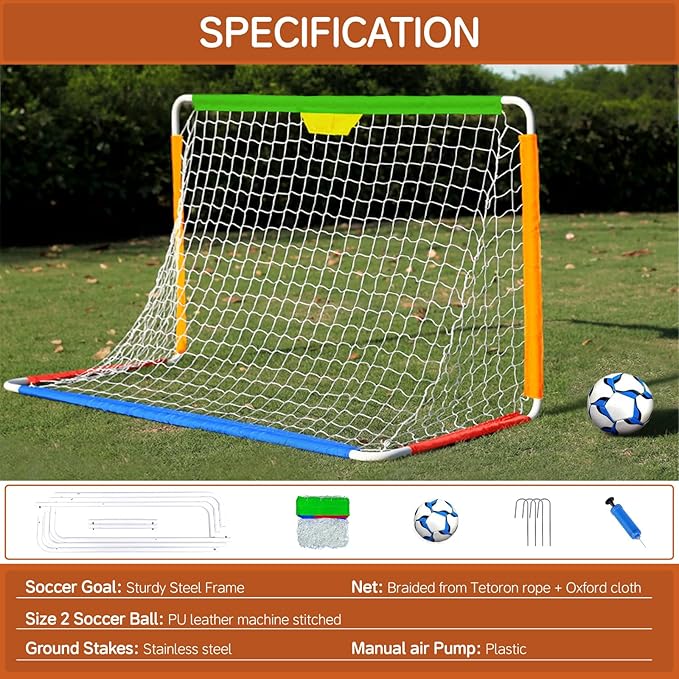 Kids Soccer Goal, Steel Frame Soccer Goal for Backyard - Portable Soccer Net for Kids with Size 2 PU Leather Soccer Ball and Air Pump, Soccer Gifts for Boys Girls