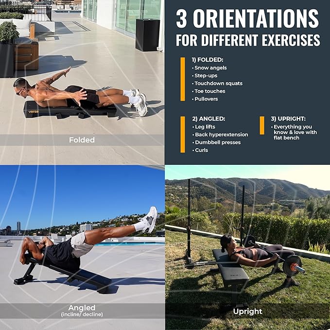 Verse Agile Folding Weight Bench – Compact & Portable Workout Bench for Home Gym – Heavy-Duty 1,000 lb Capacity, Foldable Flat Bench for Strength Training, Adjustable Decline Sit-Up Bench for Full-Body Workouts