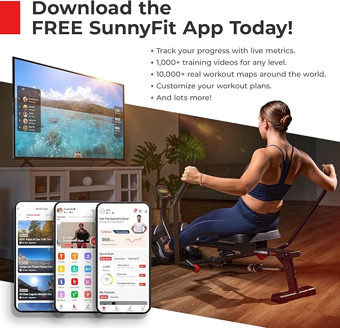 Sunny Health & Fitness Compact Full-Motion Rowing Machine w/Adjustable Resistance, Low-Impact Full-Body Workout Rower w/Long Slide Rail, Space-Saving Design, Optional Free SunnyFit App Connection