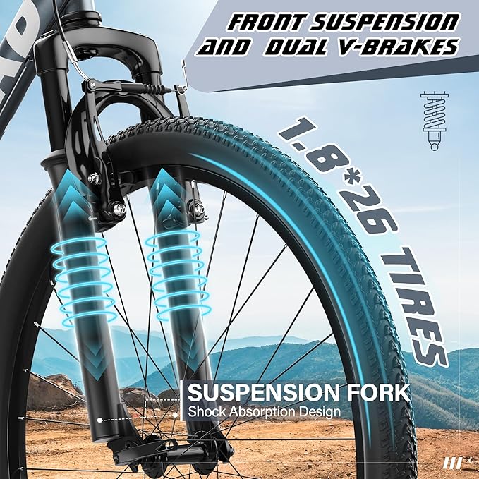 Beterland 26 Inch Mountain Bike, 1/7/21 Speed Comfort Bike wth Dual V Rakes, Bikes for Adults with Front Suspension and High Carbon Steel Frame, Bicycle with Adjustable Ergonomic Seat