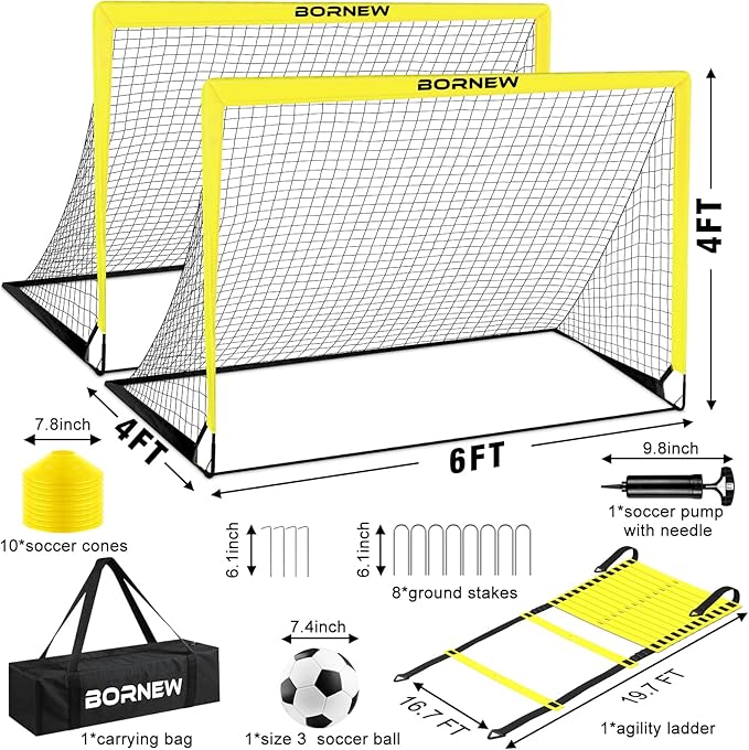 Kids Soccer Goal for Backyard Set - 2 Set of 4x3/ 5X3.6/7x5 ft Toddler Soccer Nets with 20ft Agility Ladder, Soccer Ball, Pop Up Portable Soccer Set for Kids and Youth Training Ages