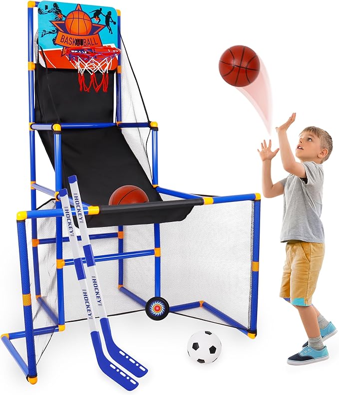 Surpop Kids Basketball Hoop Arcade Game with 4 Balls and Infrared Scoring Indicator, Basketball Football Hockey 3-in-1 - Toy Sports Game for Kids 3+