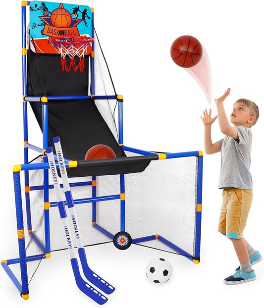 Surpop Kids Basketball Hoop Arcade Game with 4 Balls and Infrared Scoring Indicator, Basketball Football Hockey 3-in-1 - Toy Sports Game for Kids 3+