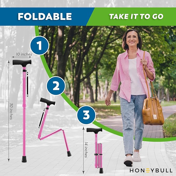 HONEYBULL Foldable Walking Cane for Seniors & Adults – Adjustable 8 Height Settings 30-37", Lightweight Collapsible Cane with Air Cushion Tip, Ergonomic Comfort Grip & Wrist Strap