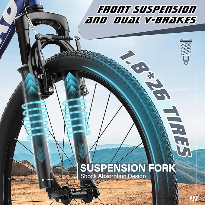 Beterland 26 Inch Mountain Bike, 1/7/21 Speed Comfort Bike wth Dual V Rakes, Bikes for Adults with Front Suspension and High Carbon Steel Frame, Bicycle with Adjustable Ergonomic Seat