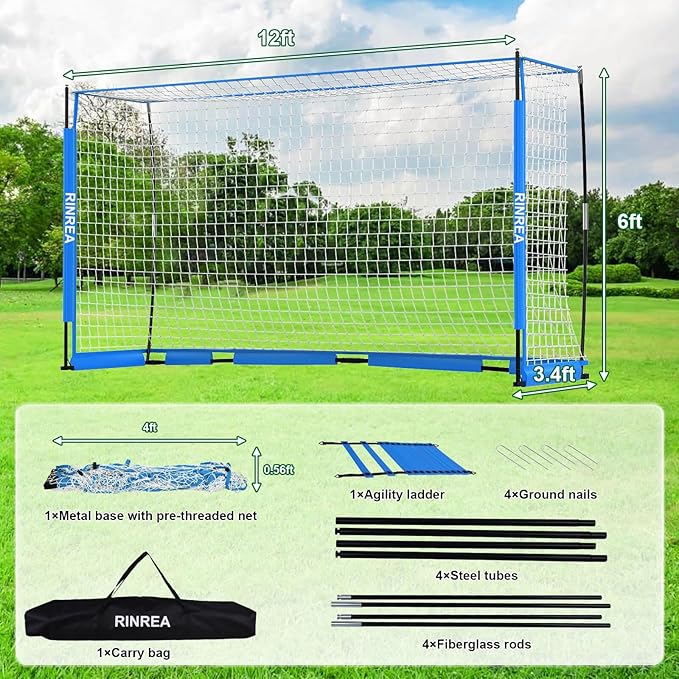Portable Soccer Goal, Collapsible Soccer Goal Net Metal Base, Quick Setup Soccer Training Equipment with 1 Carry Bag, 1 Agility Ladder, 4 Ground Nails