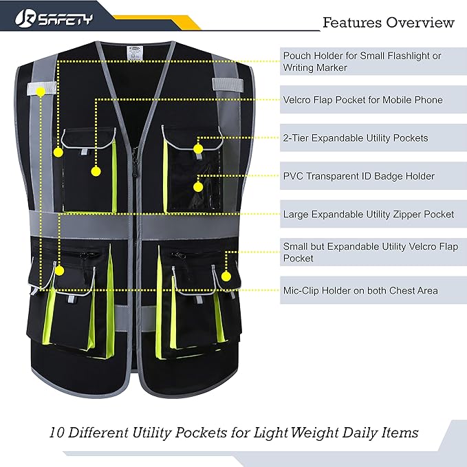 JKSafety 10 Pockets Black Color Safety Vest Zipper Front with High Reflective Strips Meets ANSI/ISEA Standards (88-Black, X-Large)