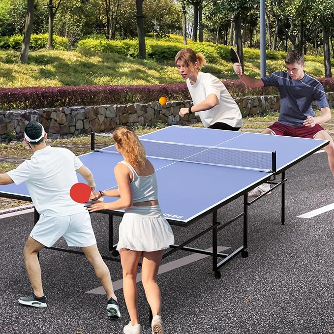 4FT/6FT/8FT/9FT Folding Rolling Table Tennis Table Regulation Ping Pong Table with 2 Paddles 3 Balls 1 Net and Post Set Fold-Up Design 4 Wheels for Easy Movement