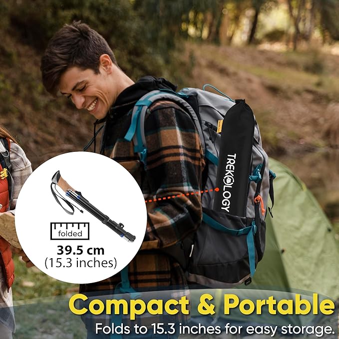 TREKOLOGY Hiking Poles with Real Cork Grips, Adjustable for Heights 5'2'' to 6'5'' – Lightweight Trekking Poles, Aircraft-Grade Aluminum, Compact Fold for Hiking & Backpacking (2pc Set) TREKZ Cork SE
