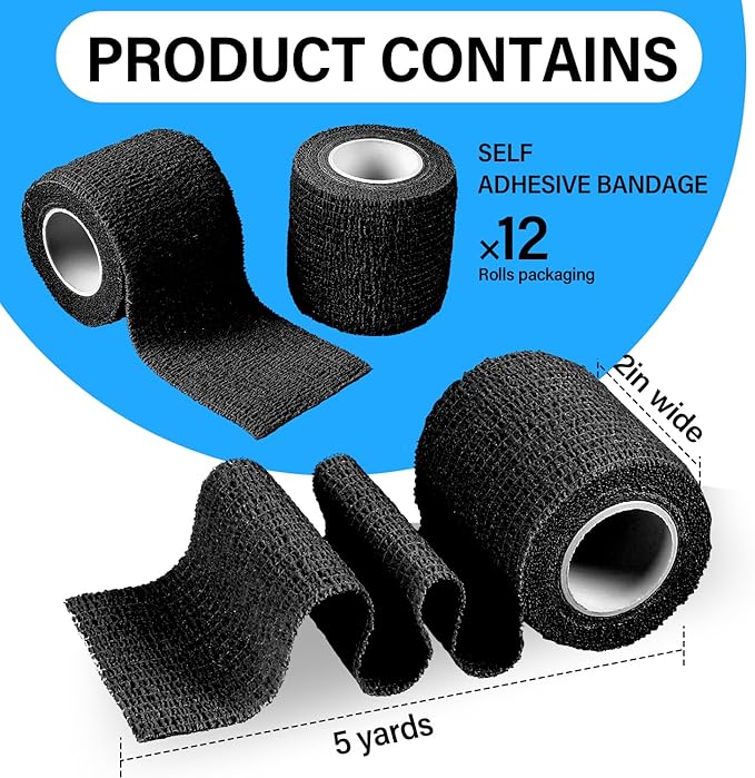 OZER 12 Pack 2 Inch x 5 Yards Self Adhesive Bandage Breathable Cohesive Bandage Wrap Rolls Elastic Self-Adherent Tape for Stretch Athletic, Sports, Wrist, Ankle (Black, 2 Inch)