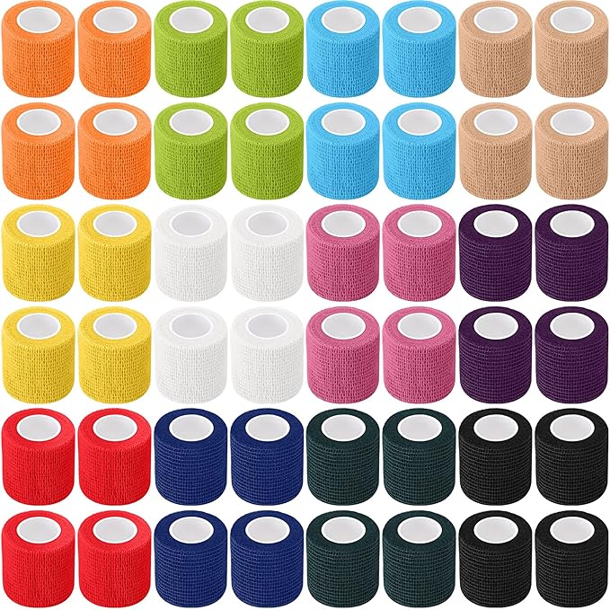 Treela 64 Pack 2" x 5 Yards Self Adhesive Cohesive Bandage Wraps, Elastic Breathable Athletic Tape, Flexible Self Adherent Bandage Rolls for Wrist, Ankle, Fingers, Sports & Pets (Colorful)