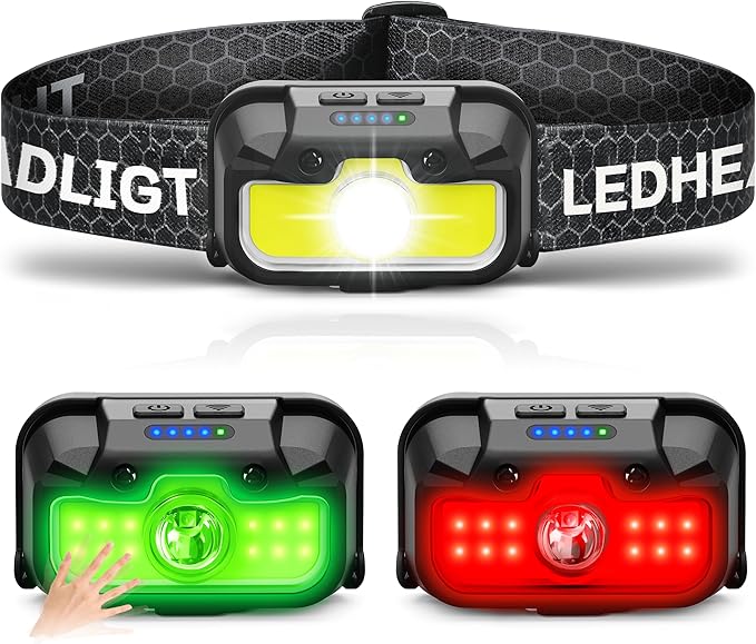 Headlamp Rechargeable, 1300 Lumen Ultra-Bright Head Lamp with Red Light, Waterproof Motion Sensor Head Lights for Forehead with White Green, 14 Modes Adjustable Headlight for Camping