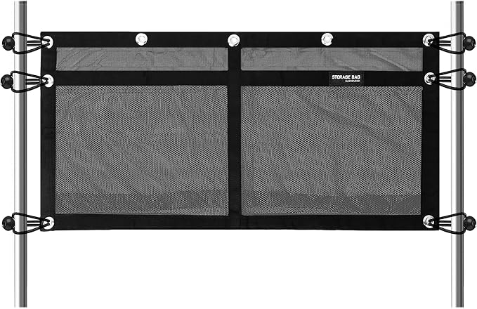Boat Storage Bag,Polyester Boat Mesh Suspended Storage Bag,Black Boats Storage Mesh Pocket,Boat Seat Storage Bag for Leaning Post with 6 Positioning Elastic Loops. (32" L x 15" W (2 Pockets))