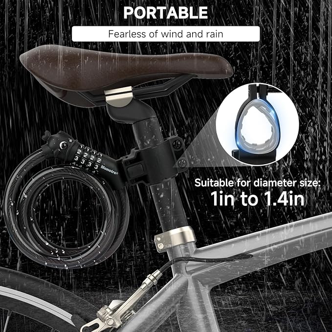 Bike Lock, 3.9 Feet 4-Digit Resettable Combination Password Anti-Theft Cable Lock, Cute Coiled Bike Lock with Mounting Bracket, Suitable for Bicycles, Electric Scooters, Ebikes (Black-12mm)