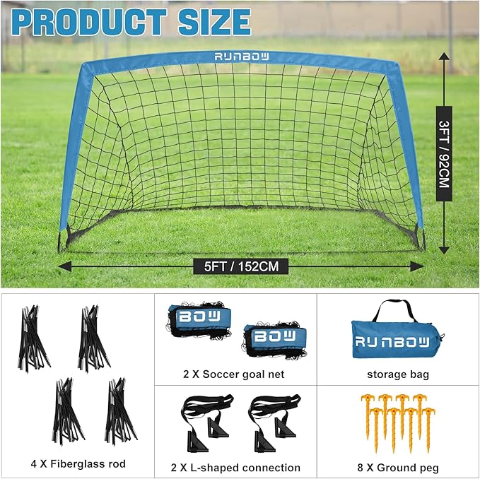 RUNBOW 5x3 ft Portable Kids Soccer Goal for Backyard Practice Soccer Net with Carry Bag