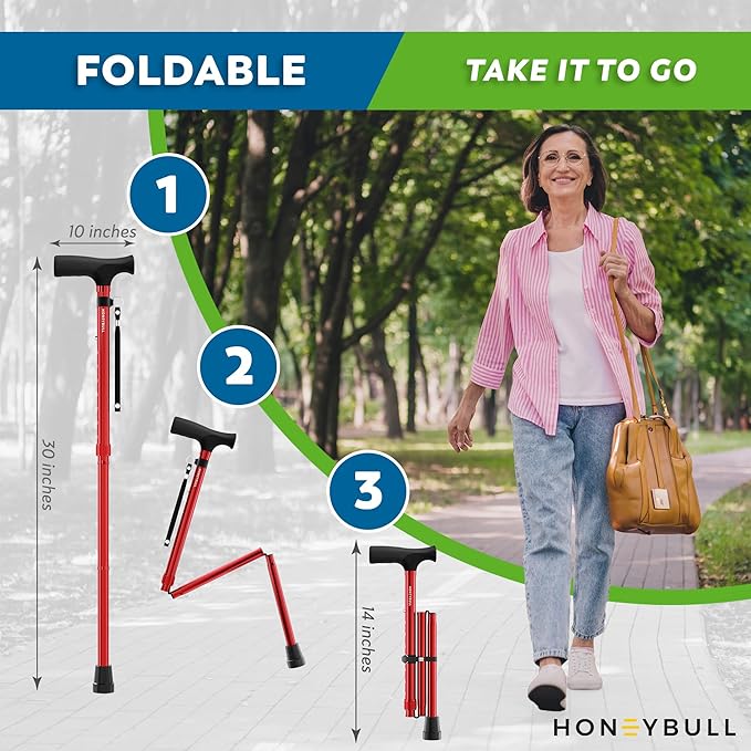 HONEYBULL Foldable Walking Cane for Seniors & Adults – Adjustable 8 Height Settings 30-37", Lightweight Collapsible Cane with Air Cushion Tip, Ergonomic Comfort Grip & Wrist Strap