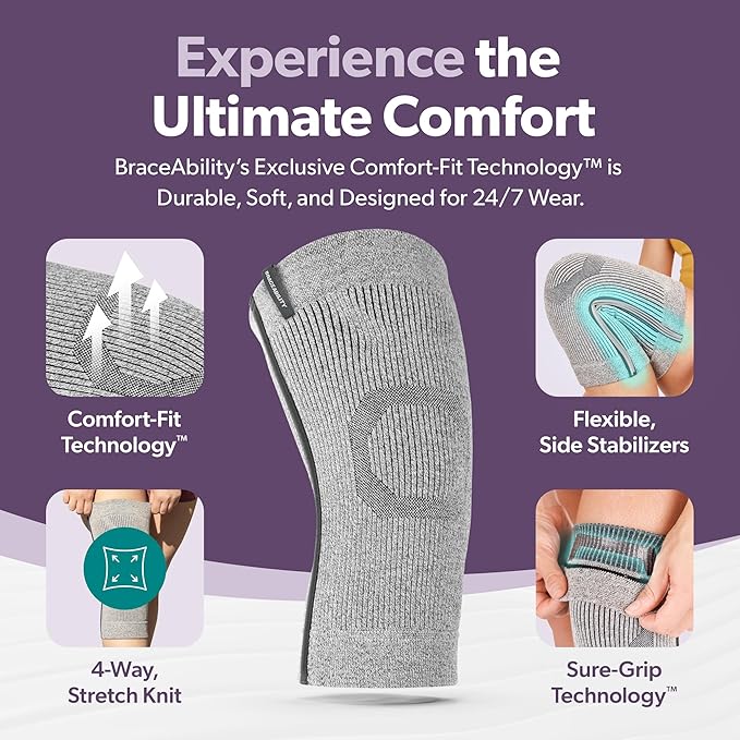 BraceAbility Knee Compression Sleeve - Knit Knee Pain Brace for Men and Women, Arthritis Relief, Meniscus Tear, Running, Workout, Sports, Swelling, Athletic Support for Joint Stability (M/L Gray)