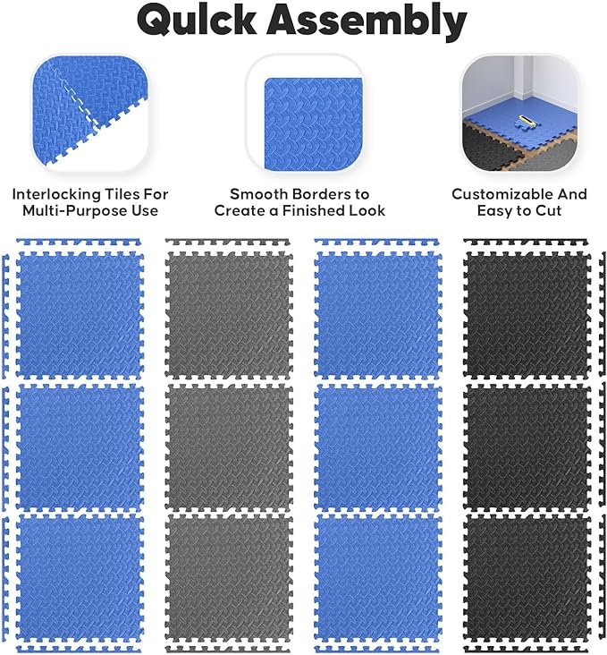Home Gym Mat, Puzzle Exercise Mat, EVA Interlocking Foam Floor Tiles for Home Workout Equipment and Kids' Play Areas - Blue, 24 in x 24 in x ½ in - 12 Tiles (Blue, 12 Pack 48 sq ft)
