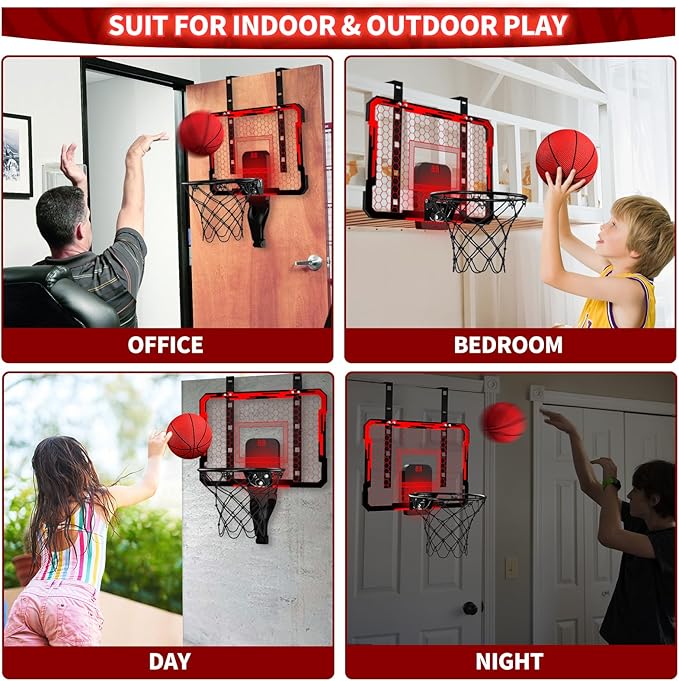 QDRAGON Indoor Basketball Hoop for Kids, Over The Door Mini Basketball Hoops with 7 LED Lighting, Basketball Toys Gifts for 5 6 7 8 9 10 11 12 Year Old Boys Girls Teens, Red