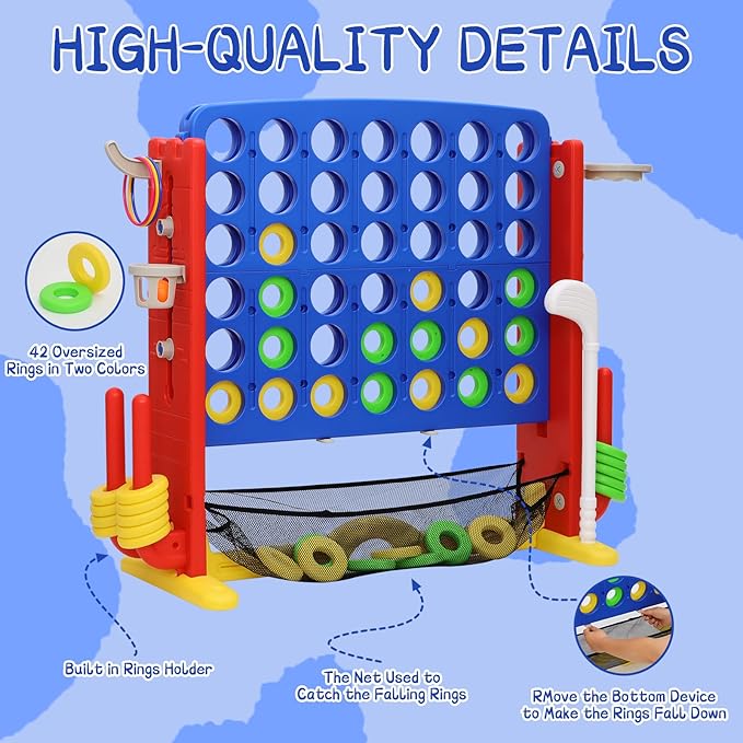 Giant 4 in A Row Game, Height Adjust Connect 4 Jumbo Yard Game Set for Kids & Adults with Mesh Catching Bag, Golf, Basketball Hoop & Ring Toss, 4-to-Score Games for Indoor/ Outdoor Fun