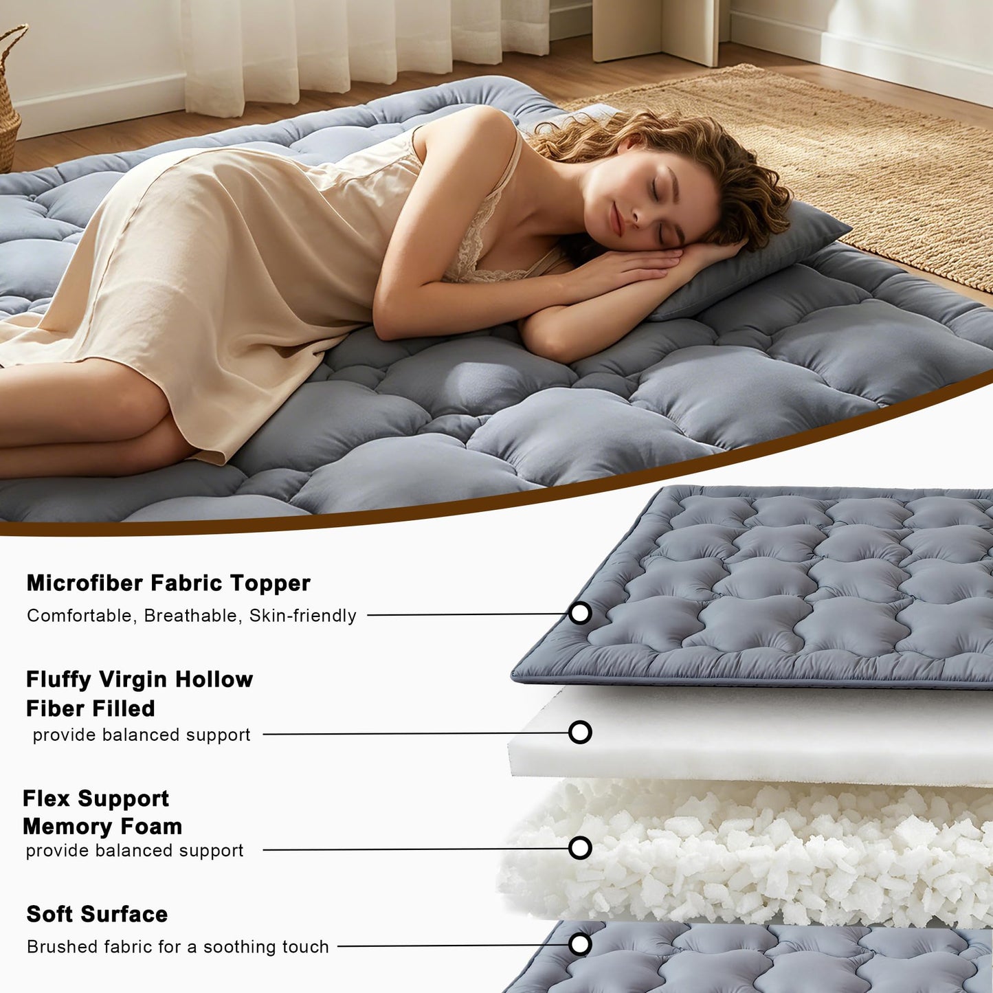 FARINA Japanese Futon Mattress Floor Mattress, 3.5" Thicken Twin Size Shredded Memory Foam Roll Up Foldable Tatami Mat, Portable Sleeping Pad for Living Room Guest Room (Grey, Twin)