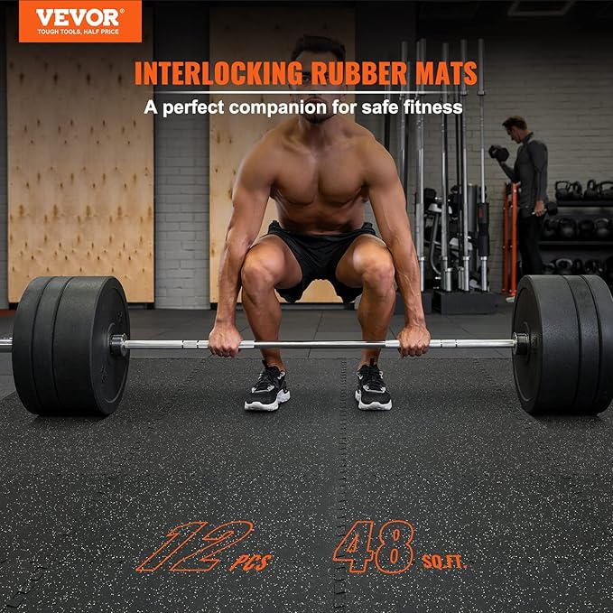 VEVOR 0.56 Inch Thick Gym Floor Mats, Rubber Top with EVA Foam, 25" x 25" Gym Flooring Workout Mats, Interlocking Puzzle Gym Mats for Gym, Home, Garage
