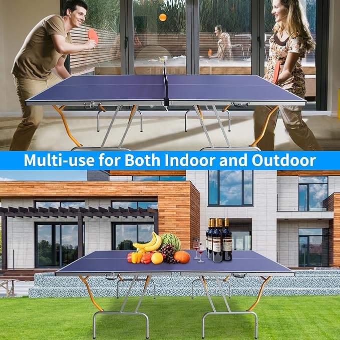 Compact Ping Pong Table, 8ft Mid-Size Indoor/Outdoor Table Tennis Game Set, Foldable, Portable Table Tennis Table with Net, 2 Table Tennis Paddles and 3 Balls