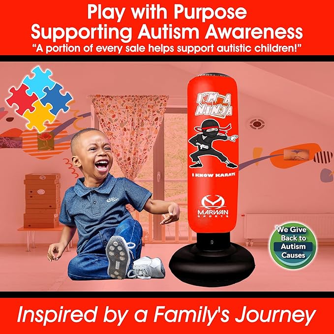 Marwan Sports 5-in-1 Inflatable Punching Bag for Kids – 63" Karate Toy Set with Boxing Gloves, Durable Fast Rebound, Active Play, Stress Relief Christmas/Birthday Gift for Boys & Girls Ages 4-12